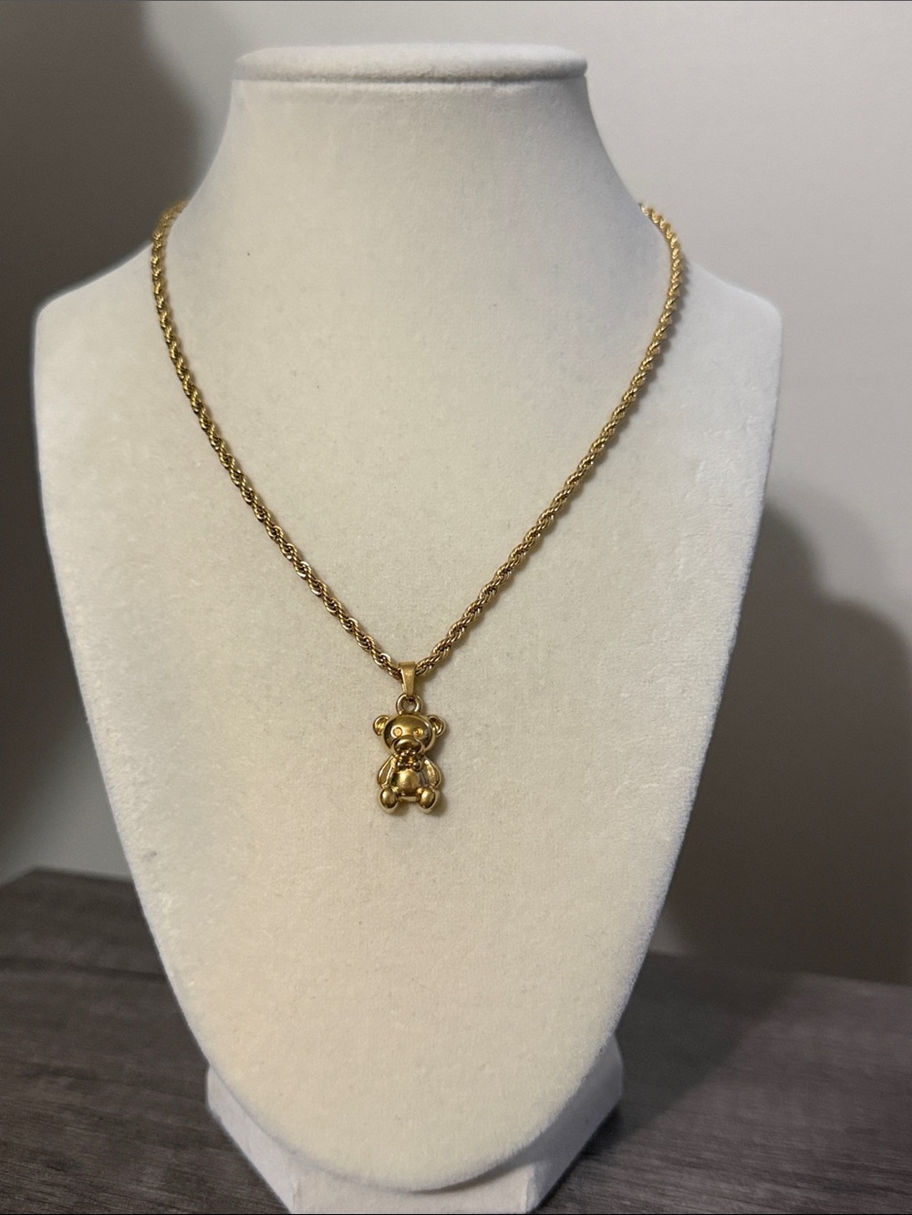 Gold plated stainless steel rope chain & bear pendant necklace